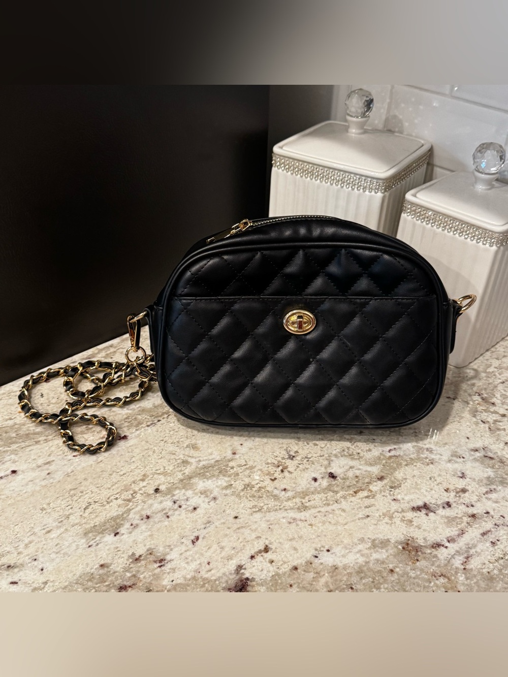 Black Quilted Crossbody Bag with Gold Chain